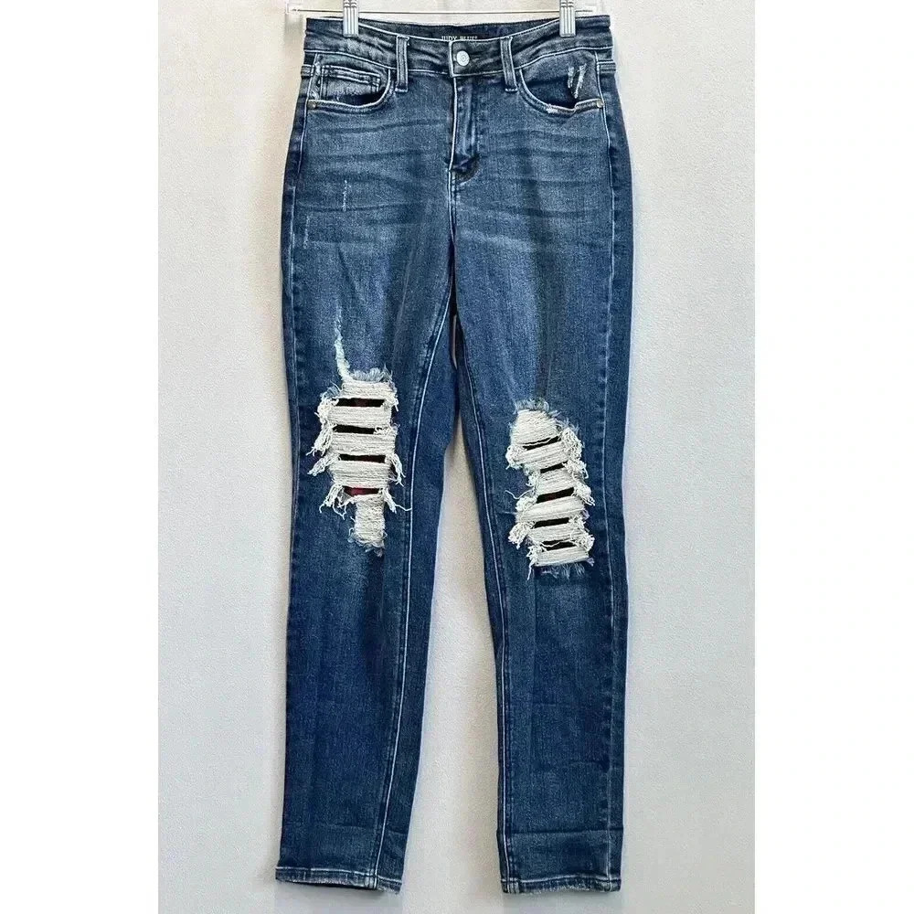 Judy Blue Jeans Women's Sz 3/26 Boyfriend Fit Mid Rise Buffalo Plaid Patch Denim